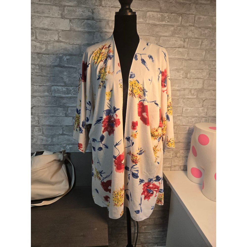 Floral Kimono Shrug M Beige Red